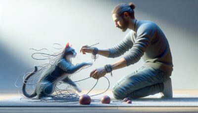 Imagine a realistic, high-definition scene showing a playful interaction between a human and a cat. The human, expressing gentleness and firmness, is steering the energetic cat away from a biting habit towards a safer form of play, such as interacting with a toy. Notice the subtle cues of body language and verbal communication from the human that convey the boundaries of the playtime. No textual information and no Arabic numerals are visible in the scene. This scene speaks to the delicate balance achieved through love, care, and a good understanding - all vital elements of a positive pet-owner relationship.