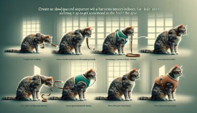 Create an HD image in a realistic style depicting a slowly-paced sequence of a feline familiarizing itself with a harness and a leash. The scene commences with the curious feline sniffing and exploring the gear. Progressively, the harness is put on the cat indoors for breached periods, allowing it to get accustomed to the feel of the gear. Highlighting the significance of patience and comfortable assimilation of the cat to the harness. Do not include any text or arabic numerals in the image.