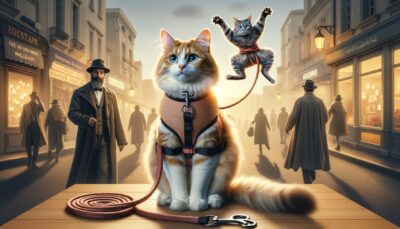 Create an image that conveys the importance of a well-fitted cat harness and leash for safe outdoor adventures. It should illustrate a cat, appearing content and secure, wearing a harness instead of a collar to stress the benefits of the former. The cat displaying Houdini-like antics to emphasize the risk of escape when using a collar. Be sure to depict the scene realistically and in high definition. Remember to avoid the inclusion of text and Arabic numerals in the picture.