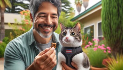 Please generate a high-definition, realistic image of a domestic short-haired cat wearing a small, comfortable harness. The cat, coloured in shades of grey and white, is looking content and curious, expressing its good behavior. Its human, a Hispanic man with a broad smile, is bending down to present a tasty kitty treat as a reward. The background is an outdoor setting - a lush garden with blooming flowers and tall green trees, representing the world the cat is about to explore. There should be no text or Arabic numerals anywhere in the picture.