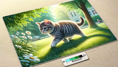 An illustration in a realistic style, HD resolution, showing a furry pet cat experiencing its first outdoor adventure. A quiet and peaceful park is chosen for the adventure, away from the hustle and bustle of busy streets. The image depicts the kitty, curious and a little cautious, carefully stepping on grass, sniffing the fresh air and looking around, soaking in all the new sights and sounds. The focus of the picture is on conveying a sense of calm, caution, and gradual introduction to a new environment.