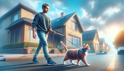 Create a high-definition, realistic style image. The scene depicts an individual training a cat to take a walk outdoors. The person shows patience, dedication, and gentleness throughout the process. The cat might display signs of stubbornness, but the comfort and well-being of the cat are prioritized. The setting appears to be a calm neighborhood, with the person and the cat attempting short walks.