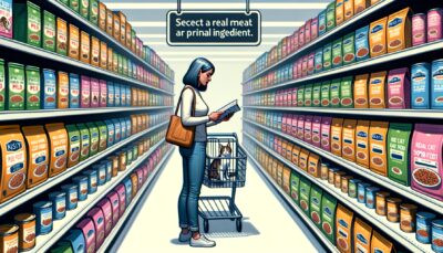 Visualize a scene where a person is in a pet store aisle lined with various brands of cat food. As they carefully read the labels, select a product with real meat listed as a primary ingredient. Please depict the individual as a South Asian female with attention to detail in expressing the seriousness of the task. Also, picture a cat sitting in the shopping cart, watching her owner make the decision. Ensure the scene looks high-quality and realistic without any text or numerals.