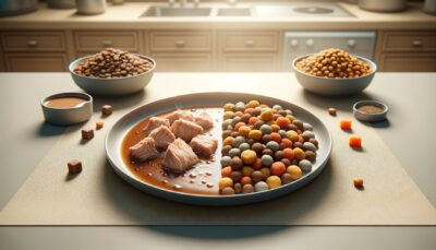 Create a high detailed realistic interface of two plates. On the left, a serving of gourmet wet cat food, presented with an appetizing look, perhaps with some gravy and chunks of meat visible. On the right, a serving of dry cat food with a variety of shapes and colors, suggesting different flavors. The background should be a typical kitchen setting with neutral tones. No text or Arabic numerals should be included in the render. The overall mood of the image should be warm and inviting to reflect a scene of pet-friendly experimentation.