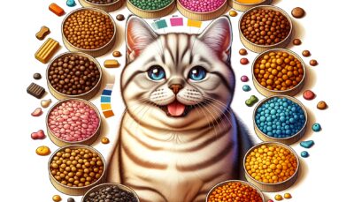 Design an image of a happy, healthy cat that appears well-nourished and content. The cat is surrounded by different types of cat food that are all presumably compliant with the standards set by the Association of American Feed Control Officials (AAFCO). The food types vary, showing different textures and colors to represent variety in diet. Paint this image in a realistic style with high definition but remember no text or numerals should be included in the picture.
