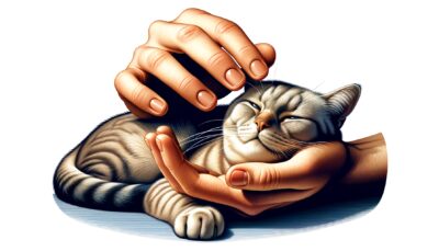 A pair of human hands gently petting a relaxed cat. The hands use soft strokes that slowly increase in pressure as the cat shows signs of comfort. The scene radiates warmth and trust, portraying a bonding moment between a human and their pet. The depiction is in a realistic style, high-definition with no text or Arabic numerals in the scene.