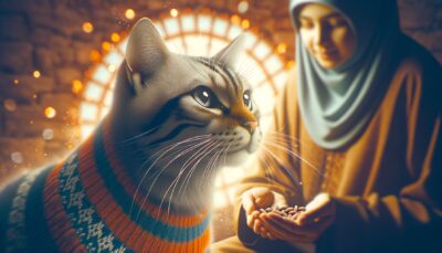 An image in realistic style and high definition portraying a tender scene of a domestic cat gradually becoming comfortable with the idea of massages. The cat should be depicted in a cozy indoor setting, with its owner nearby, displaying patience and care. The owner could be softly speaking to the feline, with some treats nearby, creating a positive association with the massage. The image should emanate a calming and soothing ambiance, embodying important themes of trust, comfort, and bond. Arabic numerals and text should not appear in this image.