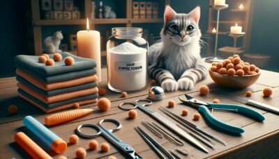 Create a realistic, high-definition image showcasing an array of cat grooming supplies carefully laid out. These should include a pair of sharp cat nail clippers, a jar of styptic powder, a styptic pencil, and a pile of cat treats. The atmosphere around should communicate preparation, patience, and a relaxing ambiance to ensure the comfort of a feline companion. Please avoid the inclusion of any text or Arabic numerals in the scene.