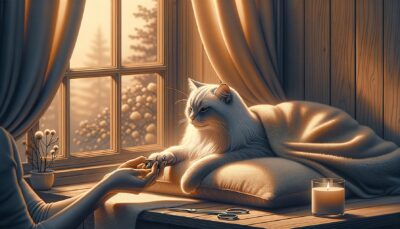 Depict a serene environment perfect for a cat manicure. Describe a soft, fluffy pillow or blanket perfectly snuggled in a cozy, quiet nook, perhaps by a window with warm, filtered light. Ensure a calm atmosphere, suggesting muted colours associated with tranquillity as the setting. This is where a cat is getting its nails trimmed. In the background indicate soft, soothing music playing subtly. Do not include text or numerals. Build the image in a realistic style and high definition.