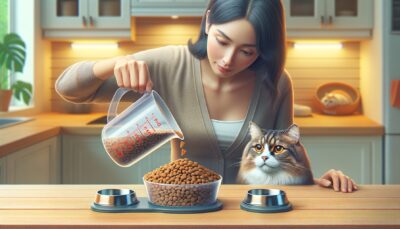 An accurate, HD, realistic style depiction of a caring pet parent attentively measuring out the proper portion of cat food into a dish using a measuring cup. The feline is waiting impatiently nearby, showing curiosity in the process. To emphasize the need for portion control, the image should subtly show the difference between a full and a correctly portioned bowl of cat food. No text or Arabic numerals are to appear in the image.