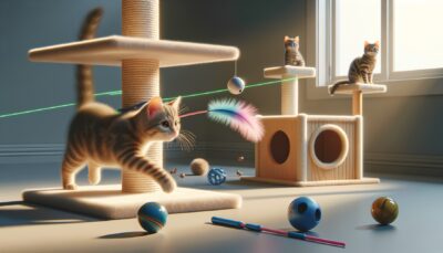 Create a high definition, realistic style image of a playful scene for a pet cat. This scene should include items like feather wands, balls with bells inside and a laser pointer. Additionally, a cat tree should be featured prominently. The cat should be shown engaged with these toys, exhibiting its natural hunting instincts. The cat can be seen running, jumping, and climbing the cat tree. The environment should suggest a safe, cozy indoor space where the cat can be seen surveying its surroundings from a high perch.