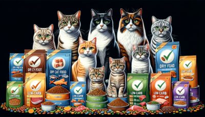 Depict a family of cats, assorted in colors, sizes and breeds, amidst an array of different dry cat food varieties. These food products should be visibly high in protein, as indicated by images on the packaging such as meat, fish, and poultry. Further emphasize the low-carb nature with symbols like a stylized green leaf or a checkmark. Both the cats and the food products should have a focus of detailed textures to mimic a realistic art style, assuring a high definition quality image. Please avoid any text or numerals, and instead represent everything visually.