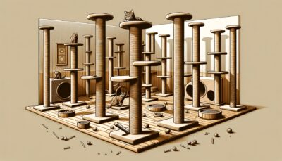 Generate an image in a realistic style and high-definition detailing several sturdy and tall scratching posts or pads scattered in different areas of a room. Each scratching post should be large enough for a cat to fully stretch itself. In the surroundings, sprinkle some catnip and toss a few treats. The design should emphasize these elements as especially enticing for a cat. Please ensure that the image does not contain any text or Arabic numerals.
