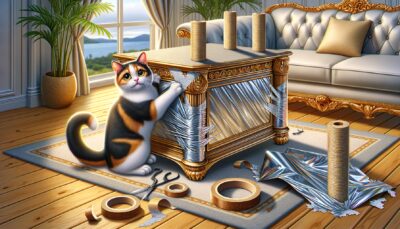 Illustrate a scene in highly realistic style and HD quality where a lively domestic cat is deterred from clawing a luxurious piece of furniture. To protect the furniture, its edges and corners have been wrapped with shiny aluminum foil and sticky double-sided tape. Nearby, create an appealing set of scratching posts that gives the cat an alternative place to unleash its energy.