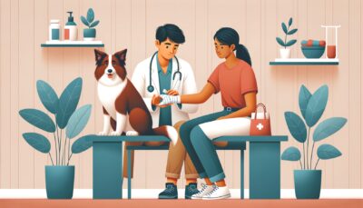 Create a realistic HD image of a dog owner, watching as a female South Asian veterinarian gently bandages the paw of their brown and white Border Collie. The dog owner is holding a bag of treats, ready to reward the dog for its bravery and calm demeanor during the visit. Throughout the veterinary clinic, elements of a stress-free environment are prevalent such as plants and soothing colors on the walls. There are no texts or numerals in the image.