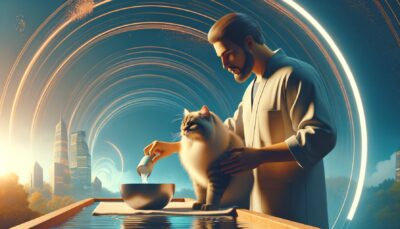 Imagine a serene scene in realistic style and high definition, where a person is calmly preparing to give their cat a bath. They are approaching the task with complete relaxation and confidence. The person is soothing the feline with gentle strokes, whispering soothing words to the fluffy creature before they even start the bath. The person is showing a cup of water to the cat, gently pouring a small stream into the bath, instead of throwing the cat in all at once. The setting exudes a calm and reassuring energy, turning an otherwise anxiety-inducing activity into a bonding moment between human and animal.