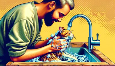 Generate a vivid, high resolution image capturing a realistic scenario of an individual patiently and gently bathing their domestic feline. The person is demonstrating understanding and love towards the resisting cat, slowly getting it comfortable with the idea of bathing. With each subsequent attempt, the cat seems to become less averse to the bathing process, and they both appear content and joyful, suggesting a shared bonding experience. Please ensure no text or Arabic numerals are shown in the picture.