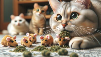 Create a high-definition image in a realistic style, depicting an engaging scene of domestic feline friends playing gleefully with miniature stuffed mice filled with catnip. The cats