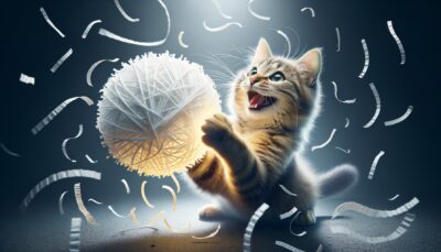 Create an image in high definition and realistic style depicting a domestic cat playing joyfully with a lightweight, crinkle ball. The cat should appear fascinated by the crinkling sound the ball produces, batting it around and chasing it in a state of delight. The image should evoke a sense of blissful entertainment, showcasing an important aspect of feline play and mental exercise. Remember, the image should not contain any text or Arabic numerals.