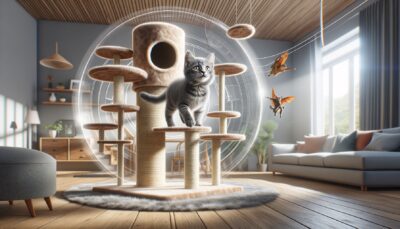 Envision a realistic, high-definition image of a cat tree and scratching post placed in a home setting. The feline amenities offer various areas for a cat to scratch, climb, and jump around, replicating a sort of mini jungle gym. A cat, embodying the playful spirit of an adventurer, revels in the joy of exploring each level and indulging in a game of hide and seek with their favourite toys. The benefits of these cat fixtures are two-fold, providing entertainment for the cat and safeguarding the home furniture from their scratching instincts.