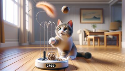 Render a high definition, realistic style image of a playful cat interacting with a clever treat dispenser toy. The cat could be swatting at a ball or chasing a feather, with visible excitement and engagement. The treat dispenser may show signs of rewarding the cat with treats as it plays. The environment should be homely, mimicking the natural play area for a domestic cat. Refrain from using any text or Arabic numerals in the image.