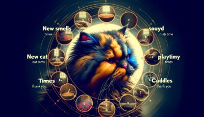 Create an HD image in a realistic style that depicts a new furry cat adjusting to its new home environment. Show an array of new smells, sounds and faces for the cat, but also highlight a regular routine of feeding, playtime, and cuddles, conveying a sense of safety, security, and growing confidence for the cat. The depiction of specific times for these activities should be abstract, without the explicit use of text or Arabic numerals. Make the image evoke a sense of reassurance for the viewer, implying a thank-you from the cat.