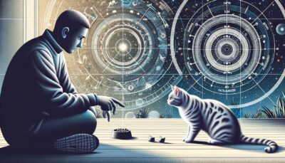 Create a highly detailed, HD quality, realistic style illustration. The scene features a person in the process of training a cat. The person is positioned at a short distance from the cat, gently beckoning it. The cat looks curious and interested, perhaps about to move towards the person. There are cat treats visible nearby, symbolizing the reward system used for the training. Ensure that the environment around them is calm and inviting, to reflect patience and consistency in training. Arabic numerals and text are strictly to be avoided in the image.