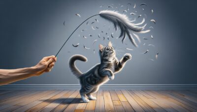 Imagine a scene showcasing an engaged and playful domestic cat in a realistic and high-definition style. In the center of the image, there is a house cat of any breed, eagerly jumping and swatting at an airborne feather wand. This interactive toy captivates the cat, creating a lively atmosphere in the image. It is clear from the scenario that this engaging form of play is strengthening the bond between the cat and its invisible owner, who is holding the wand. Because of the interaction with the toy, the cat is full of energy, actively moving around to chase the feathers. This compelling image does not contain any text or Arabic numerals.