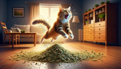 Imagine a scene in high-definition, realistic style. A seemingly tranquil domestic setting is suddenly enlightened as you once carelessly sprinkle a decent portion of catnip on the floor. In response, a playful domestic feline, moved by the enticing aroma of the herb, starts exhibiting an array of energetic behaviors. The cat, with its fur standing on end, shows extraordinary vigor and agility, running, jumping, and frolicking around the room, fully immersed in a state of utter joy and excitement. An essence of happiness and liveliness permeates the scene, all thanks to the admirable effects of the magical herb.