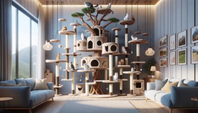 Envision a beautifully designed, lifelike cat tree in a home setting, creating a vertical playground for an adventurous feline. The structure includes multiple levels, each designed to emulate a realistic outdoor environment. The tree is laden with various feline-friendly features such as scratching posts, cozy nooks, hanging toys, and perches that offer panoramic viewing points. Additionally, there are suspended shelves on the nearby wall, further extending the climbing and exploration range for the cat. Picture a content and energetic kitty, navigating this intricate playground with agility and grace. No text or Arabic numerals can appear within the image. Please create the image in a realistic style, HD quality.