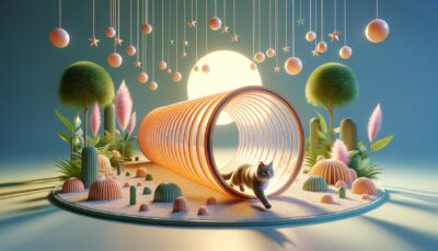 Create an image that depicts a tunnel toy for a cat in a realistic style, rendered in high definition. The toy should be designed in a way that encourages cats to run through and explore, thus invoking their natural instincts to hunt and explore. The environment in which this toy is showcased should be interactive and stimulating, promoting movement and exercise for the cat. Please ensure that no text or Arabic numerals are included in the image.