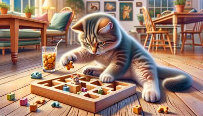 Create a high-definition image, in a realistic style, that depicts an endearing and active feline creature engaged with a treat puzzle toy. The scene is situated in a lively and homey environment. The feline is wholeheartedly attempting to solve the puzzle while deriving joy from the activity. The toy is thought-provoking and interactive, stimulating the mental and physical aspects of the feline. Please ensure that the image does not contain any text or Arabic numerals.