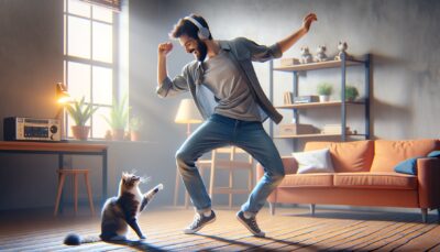 Construct a lively dance scene in a realistic style and high-definition quality. Visualize a human dancing joyously around their living room, the music around them almost palpable in the atmosphere. Watch as they gently encourage their feline friend to join in, using playful motions and gestures. The cat, while initially cautious, slowly begins to warm up and interact with their human friend. Echo the atmosphere of fun and silliness, coupled with the bonding and happiness shared between the human and their pet, all responding to the unspoken rhythm of their favorite upbeat song. Please ensure no text or Arabic numerals appear in this image.