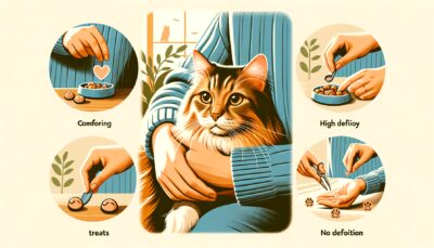 Design an image that depicts a loving owner comforting their cat, showing moments where they provide treats and engage in playtime. The cat should look serene and content, embodying a sense of feeling appreciated and cherished in its new environment. Show these elements in a realistic style, high definition, with a comforting and warm atmosphere. No text or numerals as per request.