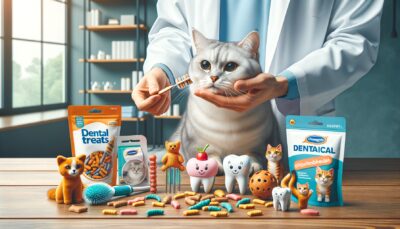 Create a high-definition image in a realistic style, depicting a scene where a person is presenting a range of dental treats and toys designed for feline oral health. There should be various products that can help in removing plaque and tartar buildup, all arranged interestingly. Include a cat in the scene, playing with one of the toys or sampling a treat, looking both entertained and engaged. No text and Arabic numerals should be visible in the image.