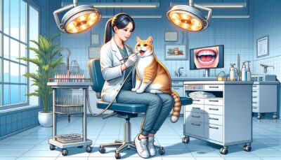 Illustrate a realistic and high-definition scene in which a loving cat owner is taking their cat to a veterinarian for regular dental check-ups. The veterinary clinic should appear well-equipped, emphasizing dental health facilities. Make sure to show a professional setup for cleanings and other dental care procedures, signifying the importance of routine oral care for pets. Exclude any text or Arabic numerals from the composition.