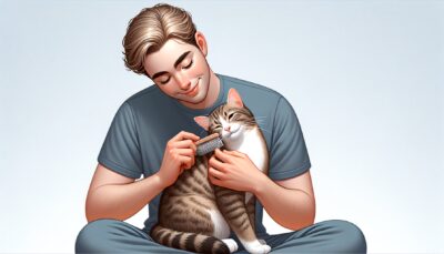 Please generate a HD, realistic image of a caring pet owner slowly introducing a grooming routine to their wary cat. The human has a gentle approach, using a soft brush or comb for short periods of time, extending love and re-assurance in the process. Illustrate trust building between the feline and the human, reflecting the patience and love required for this process. The cat should gradually appear to be relaxing and enjoying the experience.