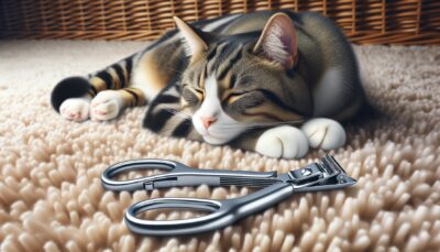 Create a realistic, high definition image of a set of cat-specific nail clippers resting on a fuzzy carpet. On the side, there is a well-groomed cat with healthy trimmed nails relaxing. No text or Arabic numerals should appear in the image.