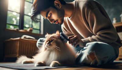 Create an image that beautifully presents a tender moment shared between a human and their cat. The human, of South Asian descent, is lovingly brushing the fur of their fluffy feline friend, ensuring the fur remains untangled and smooth. Let this scene visually express the loving relationship between pets and their owners and the care necessary to keep pets healthy. The setting is peaceful, maybe a quiet corner in the house, and the style should aim for a high-definition and as realistic as possible.