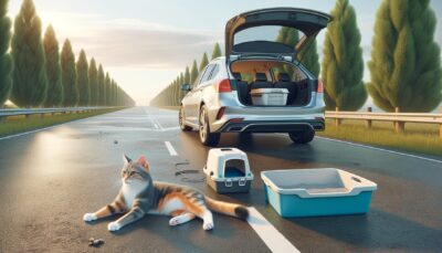 Create a high definition, realistic style image of a long car journey with a cat. Show a scene where the car is parked roadside, the cat is outside of the car enjoying a break. The cat should be shown stretching its legs near the vehicle. Also, depict a portable litter box and water dish placed nearby, indicating the cat has access to it. Ensure the scenario looks calm and stress-free, with elements of nature adding to the serene setting. No text or Arabic numerals should be included in the image.