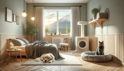 Generate a high definition, realistic style image depicting a peaceful home interior designed with pets in mind. It includes details like a comfortable bed placed in a quiet corner for a dog and a cozy cat tree positioned near a window for a cat. The aim is to demonstrate the idea of providing individual, designated spaces for pets to give them a sense of security and love. Please ensure there is no visible text or Arabic numerals in the image.