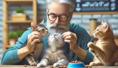 Generate in high definition quality and a realistic style, an image that depicts a tender and rewarding moment between a cat and other pets. Show the pets interacting positively with each other, showcasing gentleness and affection. Illustrate the owner in the background, ready to reward their good behavior with treats and praises. Ensure there are no texts or Arabic numerals in the picture.