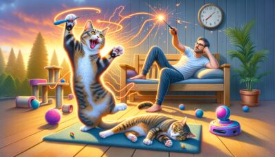 Create a realistic and high-definition image of a playful scenario where a cat owner is helping their energetic fur baby burn off excess energy. The owner is using interactive toys such as a feather wand or laser pointer for a playful session. Depict the cat in mid-play, full of energy, and totally engaged with the toys. Also, incorporate a soothing scene where a tired, calm cat is curled up next to their owner, purring contentedly after a good play session. There should be no text or Arabic numerals in the picture.