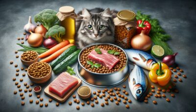 Create an image portraying high-quality premium cat food in a realistic style and HD quality. The picture should feature real meat prominently. Additionally, there should be an array of other relevant ingredients that signify health and wellness for cats. These ingredients could possibly include fish, vitamins, or vegetables if applicable. Fillers and artificial additives should not be displayed, highlighting the absence of potentially harmful ingredients. An overall theme of health and well-being should be prominently evident. No text or Arabic numerals are allowed in the picture.