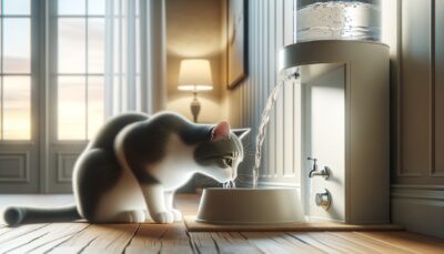 Create an image set in a home environment, perhaps a kitchen or living room. Lay emphasis on a cat drinking from a clean, fresh water bowl placed in a corner. In the backdrop, show a water fountain designed for cats, enticing the feline to drink more. Render this scene in realistic details and high-definition to capture all nuances. Please refrain from incorporating any text or Arabic numerals within the imagery.