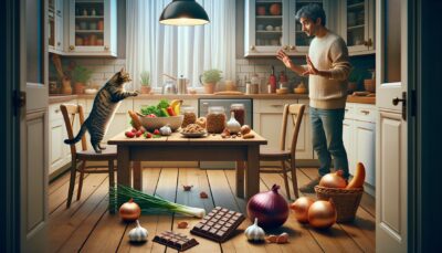 Create a realistic high-definition image of an everyday domestic kitchen with a variety of human food items on the kitchen table, such as onions, garlic, and a chocolate bar visible among them. A curious cat is poised to jump onto the table from a nearby chair, but is being distracted by its owner who stands near holding a bowl of cat-specific food. The owner is gesturing coaxingly towards the bowl as if to persuade the cat to resist the human food. Note that no text or Arabic numerals should appear in the image.