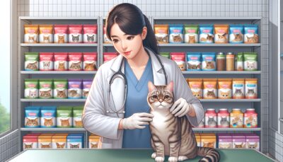 A high-definition, realistic visual scene in a pet clinic setting: an Asian female veterinarian with protective gloves is carefully examining a well-groomed, healthy adult cat, behind them are shelves filled with various pet foods. The illustration should capture the caring, professional atmosphere without any text or Arabic numerals.