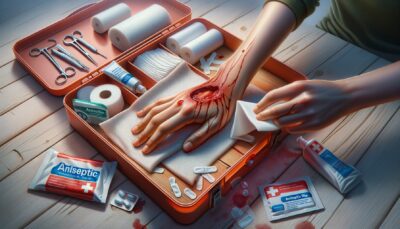 Create a realistic, high-definition image illustrating the process of cleaning and dressing a wound. The image should depict a well-stocked first-aid kit with items such as antiseptic wipes, gauze pads, and bandages. Show a person, gender unspecified, of South Asian descent using an antiseptic wipe to gently clean around a wound. Then, they carefully cover the wound with a sterile gauze pad and secure it with a bandage. The scene should convey a sense of cleanliness and efficient wound-care, signaling the prevention of infections and the facilitation of healing. Please ensure no text or Arabic numerals are included in the image.