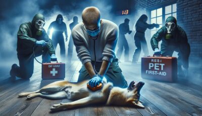 Visualize an intense scene that captures the raw emotion of fear during an emergency scenario with a pet in need. In the forefront, present an anonymous individual who has taken a pet first-aid course and is deploying their knowledge to aid a distressed pet. The individual can be seen performing CPR or rescue breathing on a pet. This should be showcased in a realistic style in high definition. Ensure texts or Arabic numerals are not present in the image. The scene has to symbolize the importance of pet first-aid knowledge, preparation, and lifesaving actions.