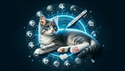 Create a high definition, realistic style image representing an urgent situation with a domestic cat that might need veterinary attention. The cat can be shown exhibiting signs of discomfort, with symbols like a thermometer or a paw bandage. However, the cat should still look safe, with the environment indicating the proximity of help like a veterinary clinic logo in the background. Use visual cues to convey urgency and the necessity for professional advice. Remember there should be no text or numeric symbols within the image.